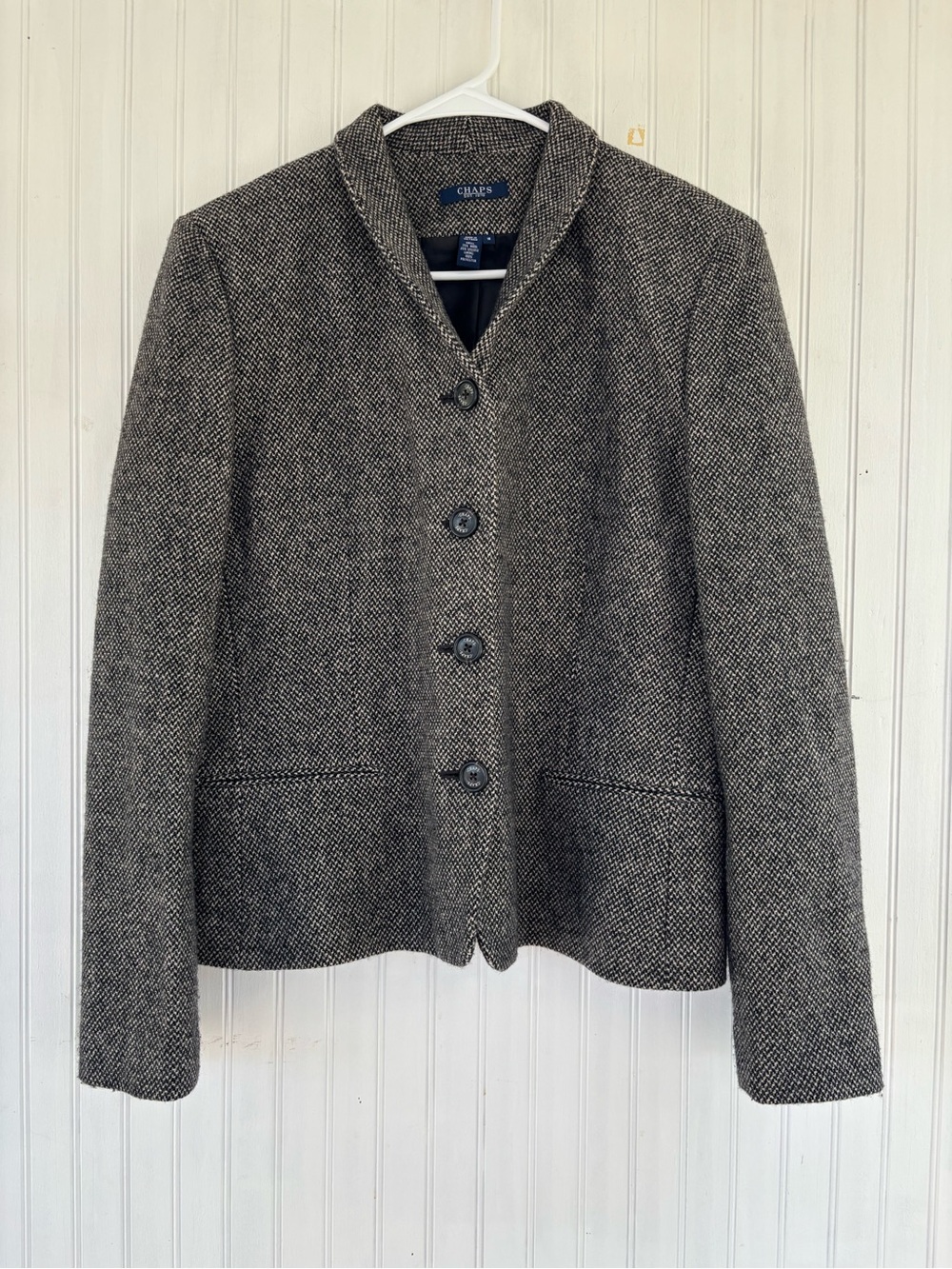 Chaps Women's Tan Black Houndstooth Tweed Wool Blazer Academia Size 16